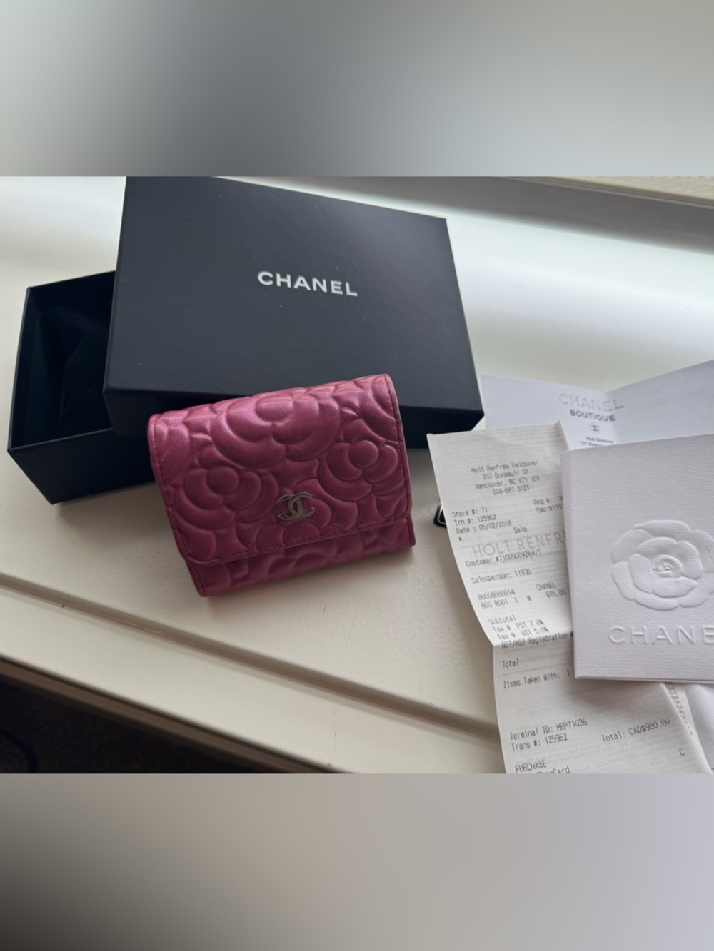 CHANEL Fuchsia Quilted Camellia Trifold Wallet with CC Hardware